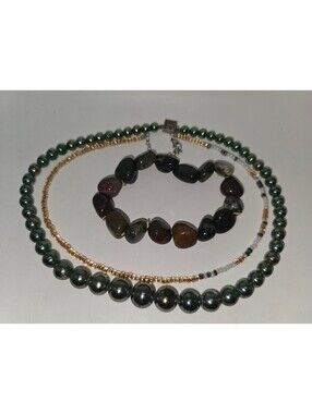 Earth Tone Jewelry Lot 3pc Hematite Glass Layered Necklace Agete Nugget Bracelet